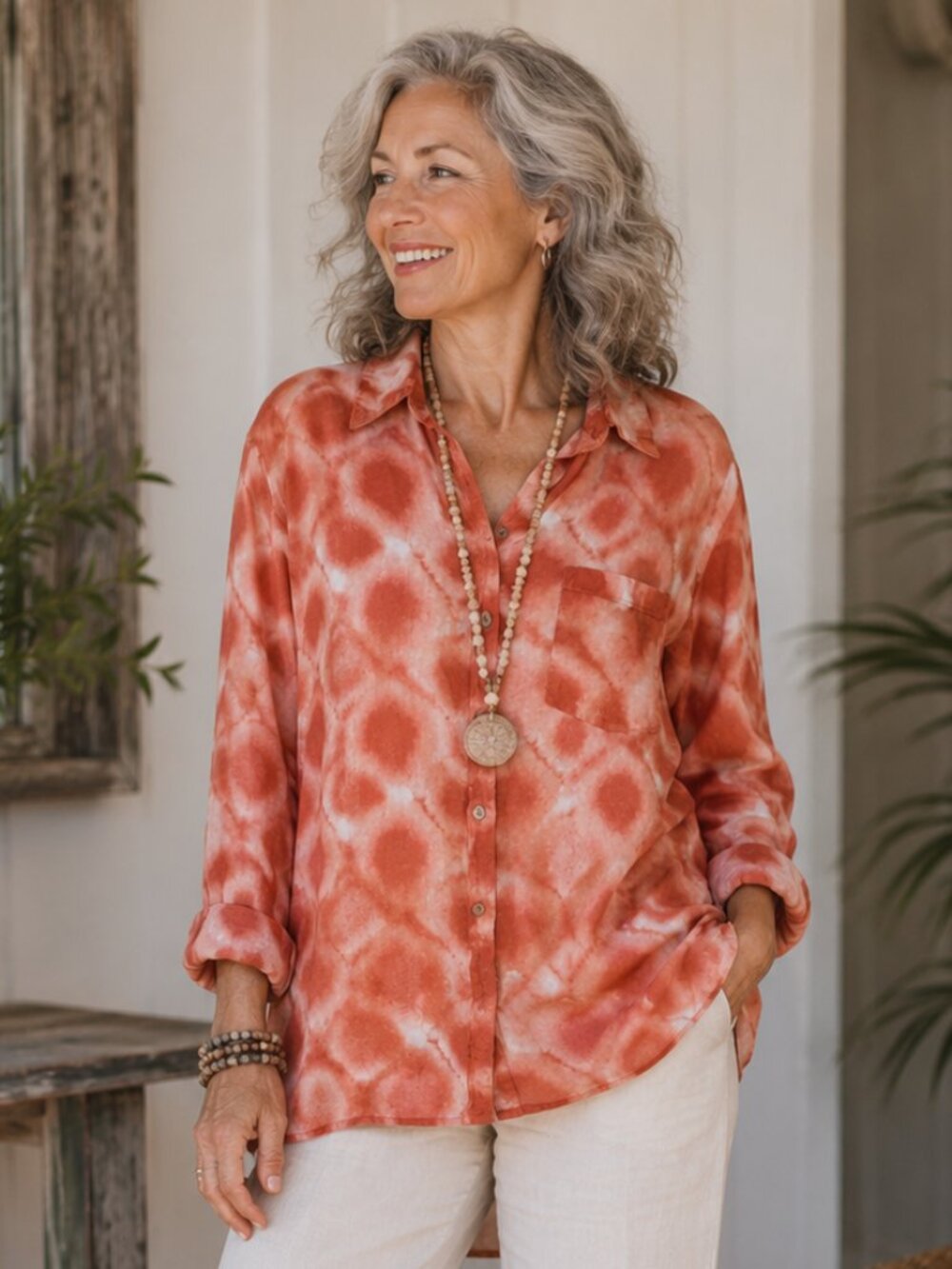 Joan Rivers Linen Orange Creamsicle Shibori Tie Dye Button Up Shirt